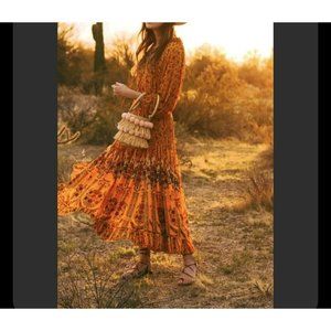 Free People Boho Feeling Groovy Border Printed Maxi Dress Golden Orange Size M